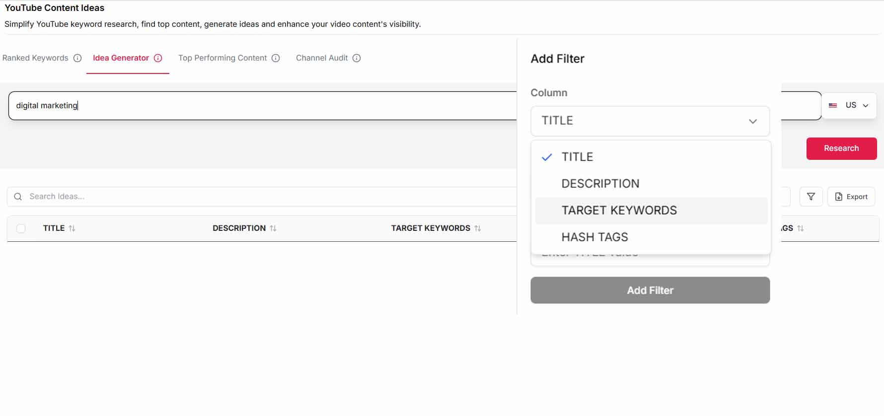 YOUTUBE CONTENT GENERATOR FILTER - KEYWORDLY.AI